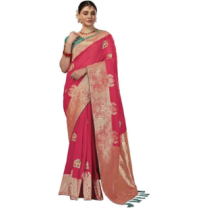pink saree with unstitch blouse piece