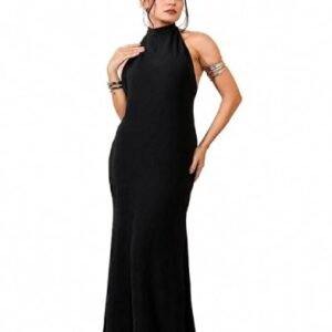 Women's Solid Black Halter Neck Maxi Dress