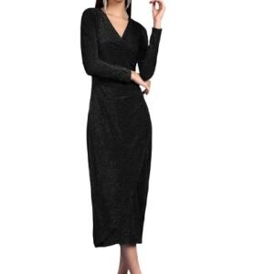 Women's Stylish Casual Evening Textured Full Sleeve V-Neck Bodycon Body Fitted Midi Dress