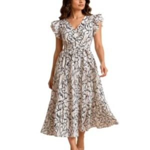 Women's Floral Print Ruffle Sleeve Midi Dress