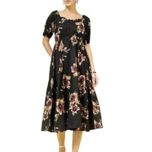 Below Knee Shift Pink Dress in Crepe Fabric with Round Neck and Puff Sleeves