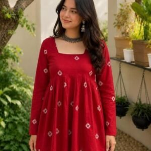 Women's Red Embroidered Short Kurti