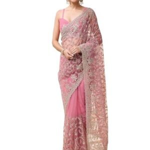 Women's Light Pink Net Embroidery Work Saree