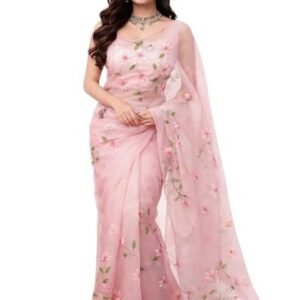Floral Design Hand Brush Painted Organza Saree
