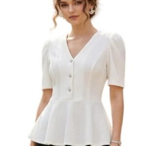 V Neck Button Front Puff Sleeve Slim Fit Casual & Office Wear Top for Women