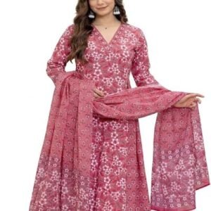 Women's Pure Cotton Printed Anarkali Kurta with Pants and Dupatta