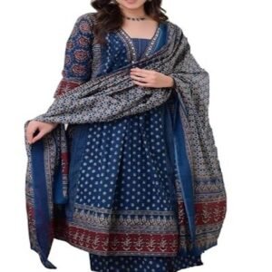 Women's Rayon Printed Anarkali Kurta and Pant with Dupatta Set