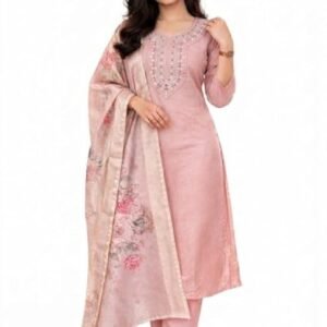 Pink Rayon Slub Kurti Pant Set with Dupatta for Women
